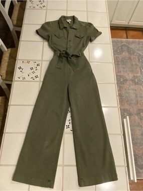 PAIGE Olive Green Short-Sleeve Utility Jumpsuit with Tie Waist